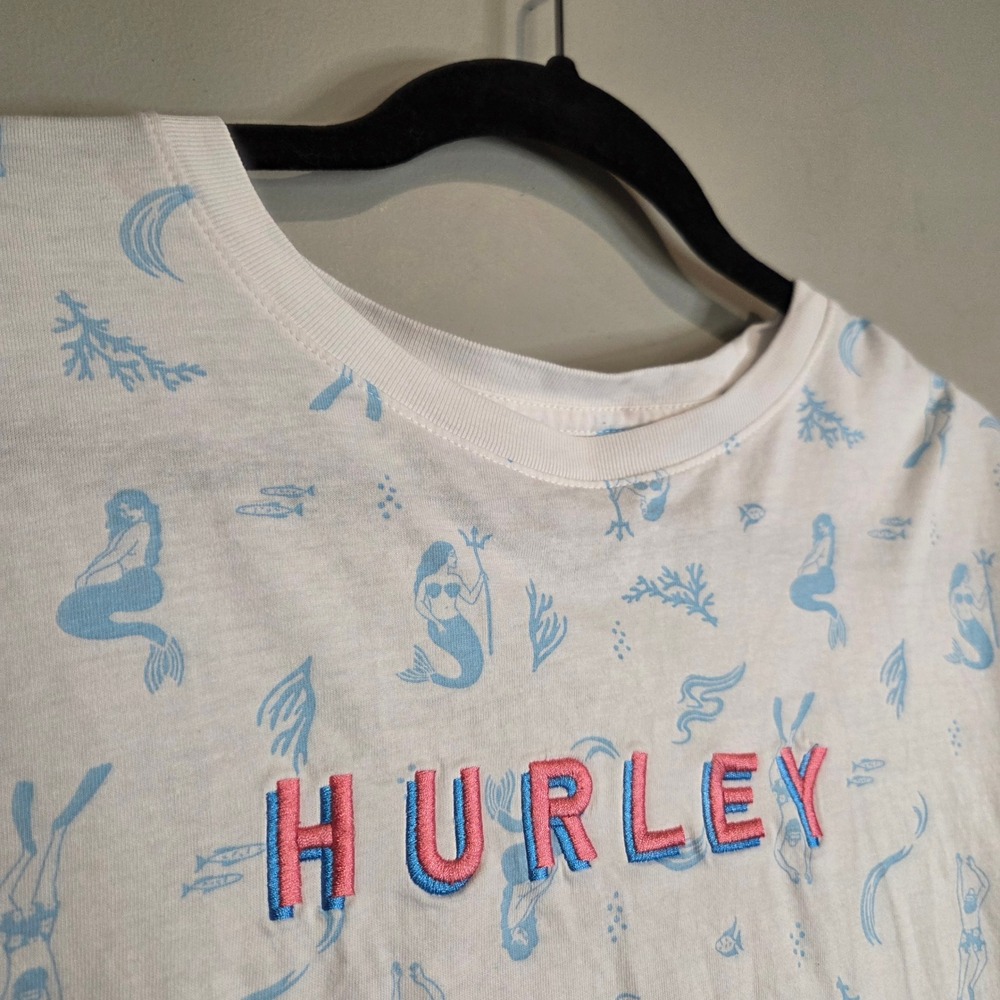 Hurley Mermaid All Over Print Surf T-Shirt Mens Large White Blue Graphic Cotton‎
